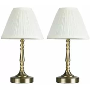 Minisun - 2 x Vintage Antique Brass Touch Table Lamps With Pleated Cream Shade - No Bulbs