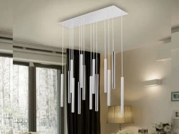 Varas Ultra Slim 14 Light Suspension Hanging Light, Chrome & Matt White Finish, Maximum Height 3 meters