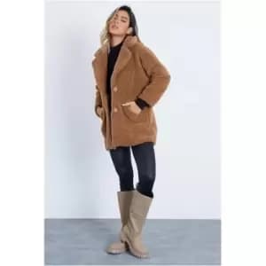 I Saw It First Camel Button Front Borg Jacket - Brown