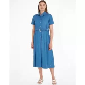 Denim Midi Shirt Dress with Short Sleeves