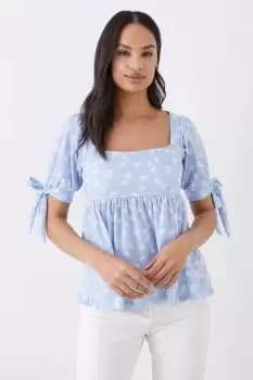 Ditsy Square Neck Tie Sleeve Top