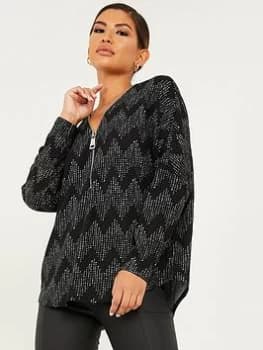 Quiz Black Knitted Abstract Zip Front Top - 8