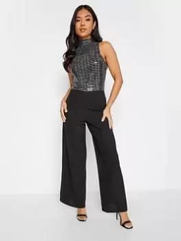 PixieGirl Petite Sequin Halter Jumpsuit, Black, Size 14, Women