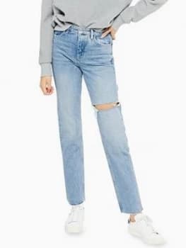 Topshop Bleach Wash Ripped Straight Leg Jeans - Bleached, Bleach Wash Denim, Size 25, Inside Leg 34, Women