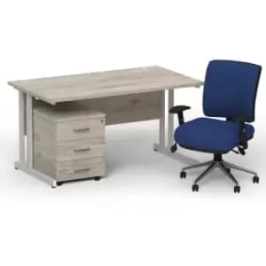 Impulse 1400 x 800 Silver Cant Office Desk Grey Oak + 3 Dr Mobile Ped & Chiro Med Back Blue W/Arms