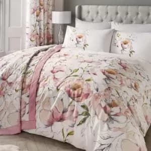 Dreams & Drapes Peony Watercolour Floral Print Easy Care Duvet Cover Set, Pink, King