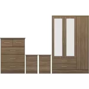 Seconique - Nevada 3 Door 2 Drawer Mirrored Wardrobe Set Rustic Oak 2 Man Del