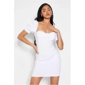 I Saw It First White Bengaline Bardot Puff Sleeve Ruched Bodycon Dress - White