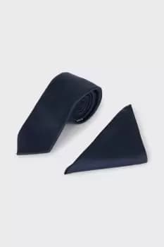 Longer Length Slim Navy Tie And Pocket Square Set