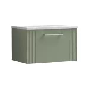 Deco Satin Green 600mm Wall Hung Single Drawer Vanity Unit with Bellato Grey Laminate Worktop - DPF894LBG - Satin Green - Nuie
