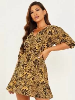 Quiz Floral Chiffon Skater Dress, Light Yellow, Size 8, Women