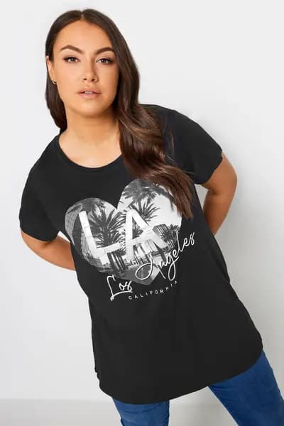 Yours Foil Puff Printed La Slogan T-Shirt, Black, Size 18, Women