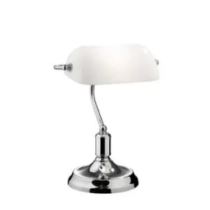 Lawyer 1 Light Banker Lamp Chrome with White Glass Shade, E27