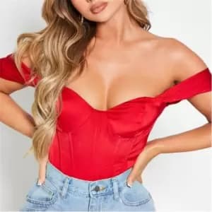 I Saw It First Stretch Satin Corset Detail Puff Sleeve Bodysuit - Red