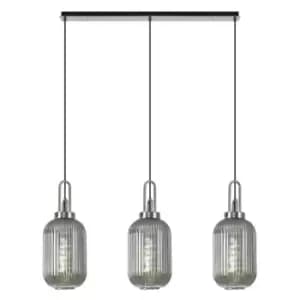 Luminosa Linear 3 Light Pendant E27 With 20cm Tubular Ribbed Glass, Smoked Polished Nickel, Matt Black