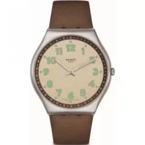 Swatch Tabby Hepcat Brown Leather Strap Beige Dial Steel Case Unisex Watch SS07S135