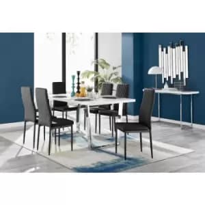 Furniturebox Kylo White High Gloss Dining Table & 6 Black Velvet Milan Dining Chairs With Black Legs