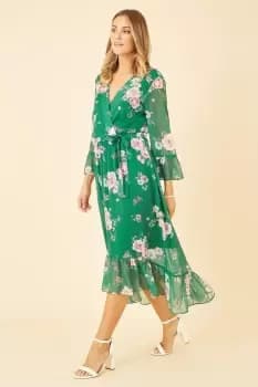 Green Floral Wrap Dress With Dipped Hem