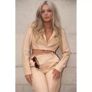 I Saw It First Stone Cropped Faux Leather Blazer With Shoulder Pads - Brown