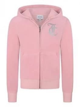 Juicy Couture Girls Luxe Velour Diamante Zip Through Hoodie - Pink
