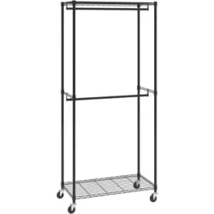 VEVOR Heavy Duty Clothes Rack, Double Hanging Rods Clothing Garment Rack with Bottom and Top Storage Tier, Rolling Clothing Rack for Hanging Clothes,