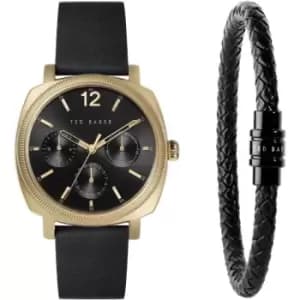Ted Baker Yellow Gold Case Black Dial Black Leather Strap & Leather Bracelet Gift Set Black VB4MB