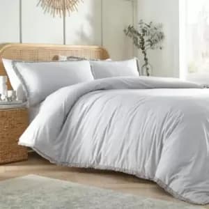Claire Fringed 100% Cotton Duvet Cover Set, Grey, King - Appletree Loft
