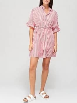 Tommy Jeans Frill Sleeve Stripe Shirt Dress - White