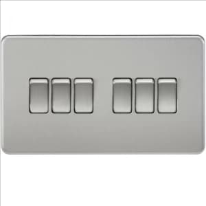 KnightsBridge 10A 6G 2 Way 230V Screwless Brushed Chrome Electric Wall Plate Switch