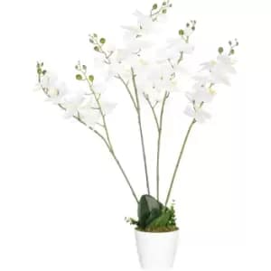 HOMCOM Artificial Flowers Potted White Orchid Plant for Table Home Decor - Green