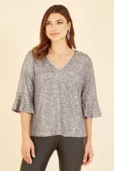 Silver Sequin Top With Fluted Sleeve