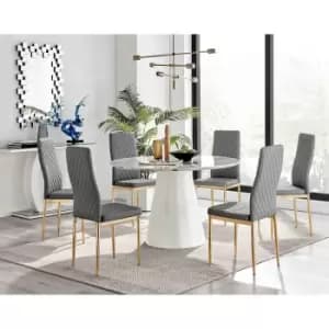 Furniture Box Palma White Marble Effect Round Dining Table and 6 Grey Milan Gold Leg Chairs