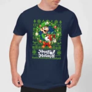 Nintendo Super Mario Happy Holidays Luigi Mens Christmas T-Shirt - Navy - L