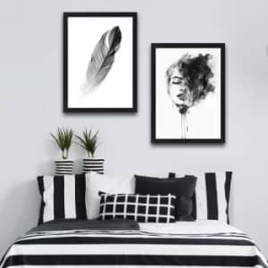 Woman Feather Set Multicolor Decorative Framed Painting (2 Pieces)