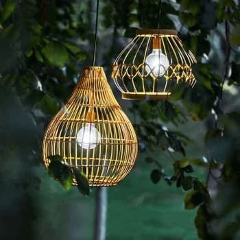 Outdoor Garden Decor, Woven Hanging Solar Powered Light, Large Pendent Lantern with Bulb, Dimmer, Timer & Remote, Weather Resistant - Light Tan