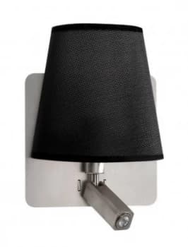 Wall Lamp with Large Back Plate 1 Light E27 + Reading Light 3W LED with Black Shade Satin Nickel 4000K, 200lm,