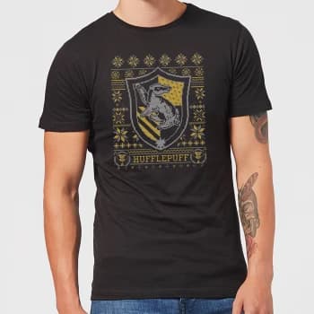 Harry Potter Hufflepuff Crest Mens Christmas T-Shirt - Black - 3XL - Black