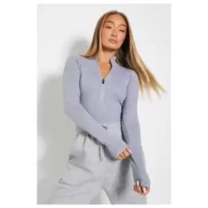 I Saw It First Cotton Rib High Neck Long Sleeve Zip Front Bodysuit - Grey