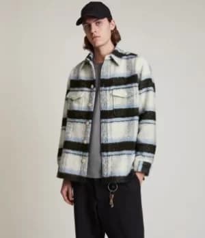 AllSaints Mens Rayado Wool Blend Check Overshirt, Cream/Blue, Size: L