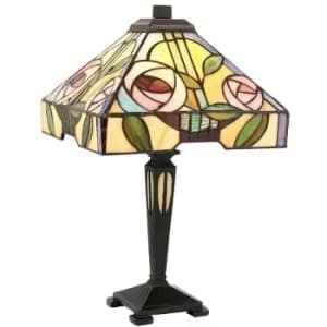Tiffany Glass Table Lamp Light Dark Bronze & Multi Colour Rose Shade i00233