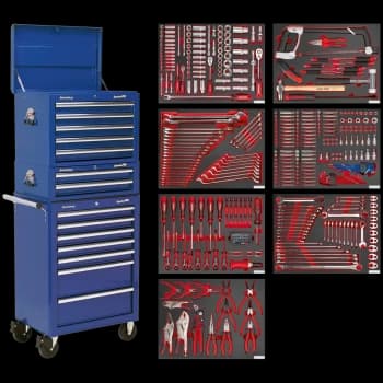 Sealey Superline Pro 14 Drawer Roller Cabinet, Mid and Top Tool Chests + 446 Piece Tool Kit Blue