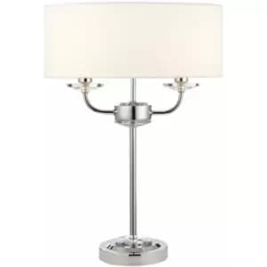 Twin Light Table Lamp Bright Nickel & White Shade Crystal Trim Bedside Feature