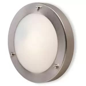 Rondo - 1 Light Wall / Flush Ceiling Light Brushed Steel, Opal Glass IP54, G9 - Firstlight