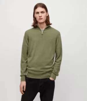 AllSaints Mens Kilburn Zip Funnel Neck Jumper, Moss Green, Size: M