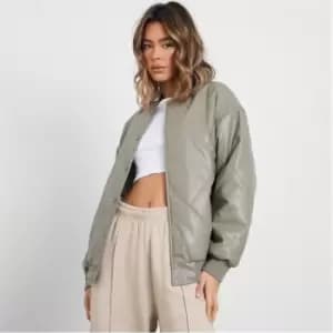 I Saw It First Premium Faux Leather Quilted Bomber Jacket - Green