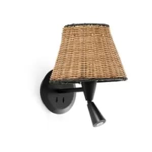 Faro Lighting - Faro Sumba Black, Rattan Shade Wall Lamp With Reading Light 3000K