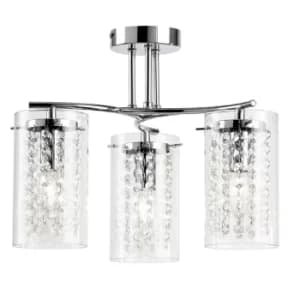 3 Light Semi Flush Multi Arm Ceiling Light Chrome, Clear Glass Drops, E14