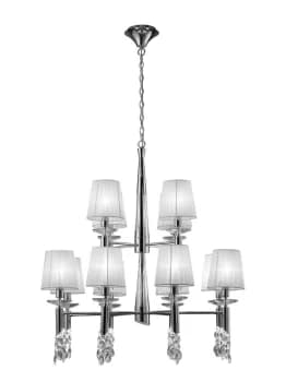 Tiffany Ceiling Pendant 2 Tier 12+12 Light E14+G9, Polished Chrome with White Shades & Clear Crystal