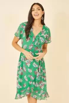 Green Floral Frill Wrap Midi Dress