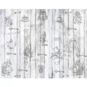 Origin Murals Alice In Wonderland Vintage Wood White Wall Mural - 3.5 x 2.8m